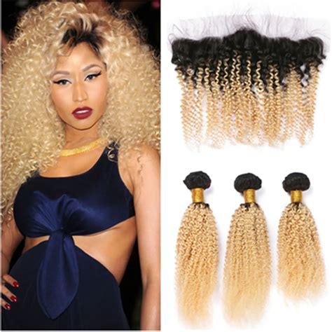 Blonde Ombre Kinky Curly Curly Hair With Closure Bundle Set With Frontal Brazilian Kinkys Curl