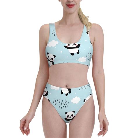 Daiia Cute Panda Bear Women S Bikini Swimsuit Two Piece Swimsuit High Waisted Slim Fit High Leg