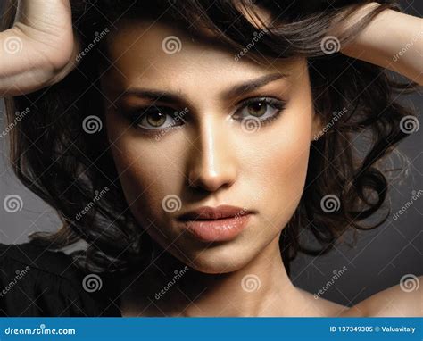 Beautiful Woman With Brown Hair Attractive Model With Brown Eyes Stock Image Image Of Black