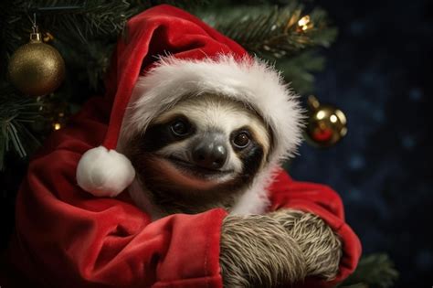 Premium Ai Image Christmas Sloth In Santa Costume Hanging From