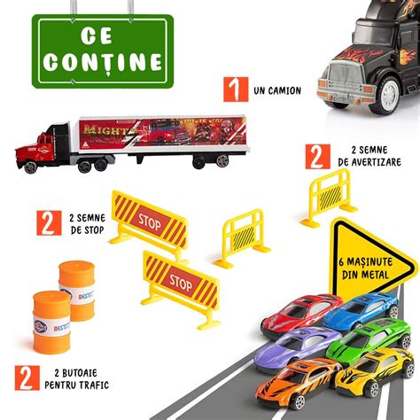 Set Camion Trailer De Jucarie Pentru Transport Masinute De Curse Tip Hot Wheels Din Metal Si