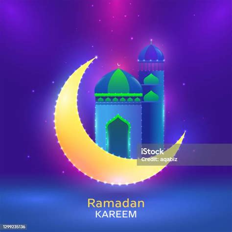 Ilustrasi Bulan Sabit Dengan Masjid Dan Penerangan Pada Latar Belakang