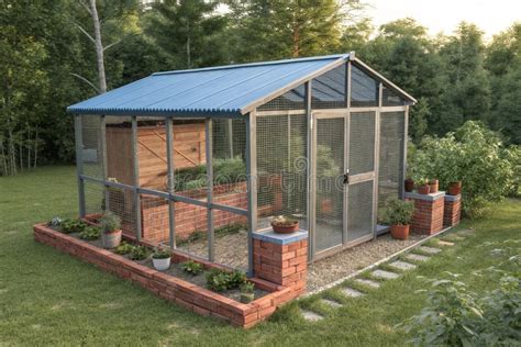 Glass Roof Chicken Coop With Metal Mesh Siding And Elevated Brick Base
