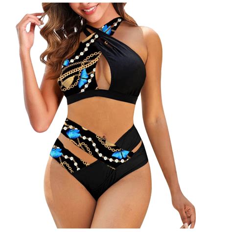 Midsumdr Swimsuit For Women Cross Bandage Hanging Neck Bikini Split Bathing Suit Summer