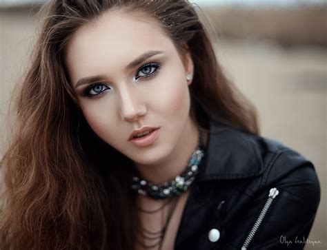 Vasilisa Sarovskaya Brunette Face Model Leather Jackets Women Long Hair Evgeny Markalev