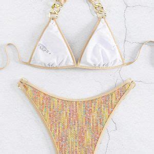 Callie Lives Swim Callie Sequin Sexy Gold Sparkling Halterneck Chain Link Triangle Bikini M