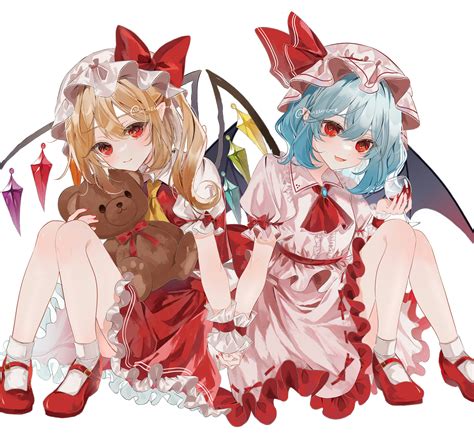 Safebooru 2girls Absurdres Ascot Bat Wings Blonde Hair Blue Hair Bow