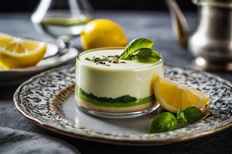 Premium Photo Lemon And Basil Panna Cotta With Lemon Slices And Bas