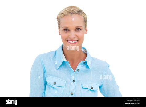 Happy Blonde Woman Smiling At Camera On White Background Stock Photo Alamy
