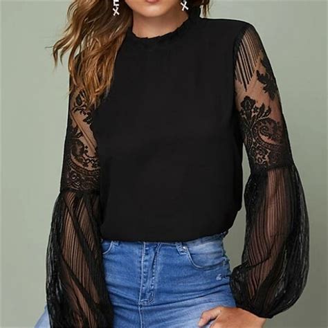 Damen Bluse Stickerei Klassisch Spitze S Solide Einfarbig