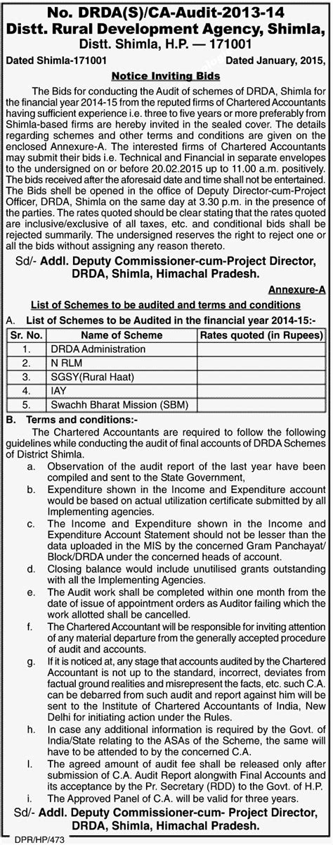 Empanelment Of Ca Firms For Conducting Audit Of The Schemes Of Drda Ca