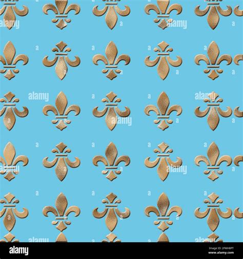 Seamless Golden Lily Fleur De Lis Pattern On Turquoise Blue Background