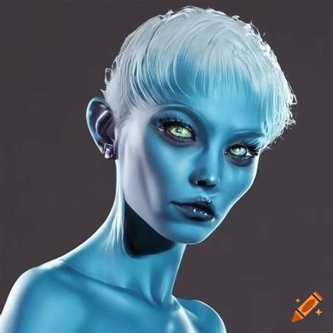 Short Wavy White Hair And Blue Skinned Humanoid Alien Woman With A