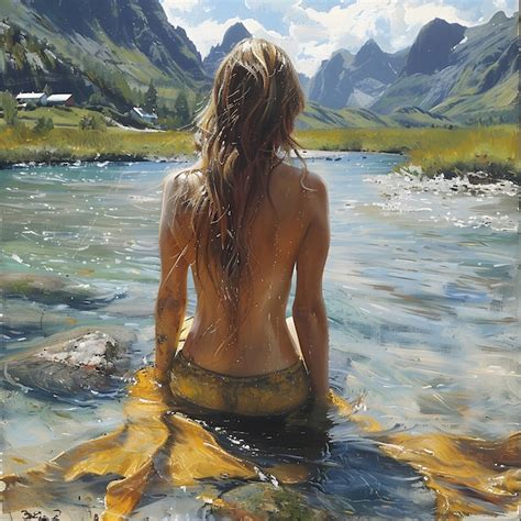 Beautiful Girl In A Mountain Stream Oil Painting On Canvas Premium AI