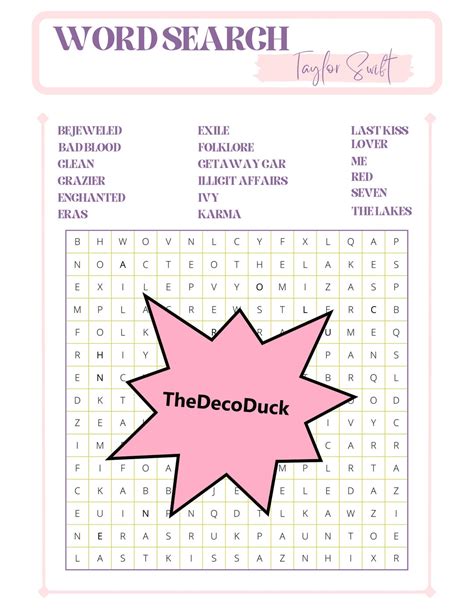 Taylor Swift Word Search Puzzle Etsy