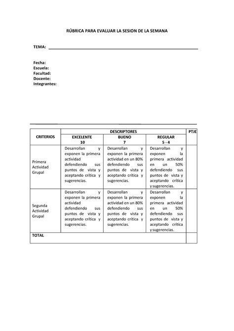 Rubrica Sesi N Semana Rbrica Para Evaluar La Sesion De La