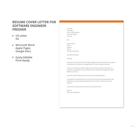 Resume Cover Letter Template For Software Engineer Fresher Free Pdf