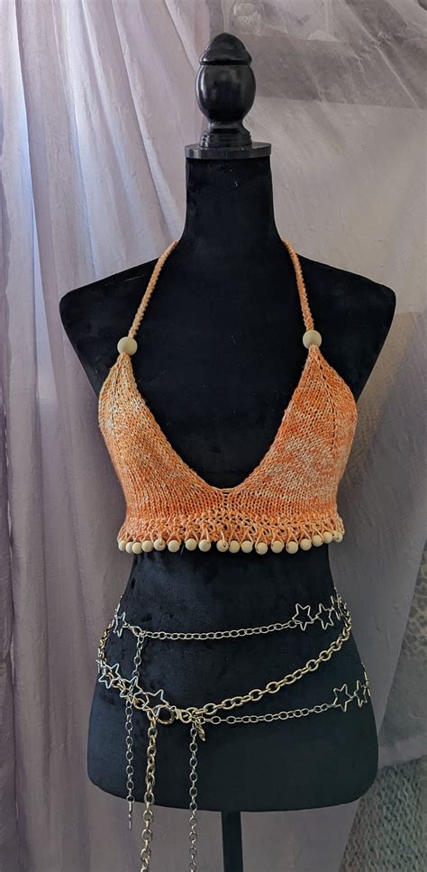 Beaded Fringe Hand Knit Halter Top Orange Beaded Bikini Top Festival Bustier Bra Bralette Etsy