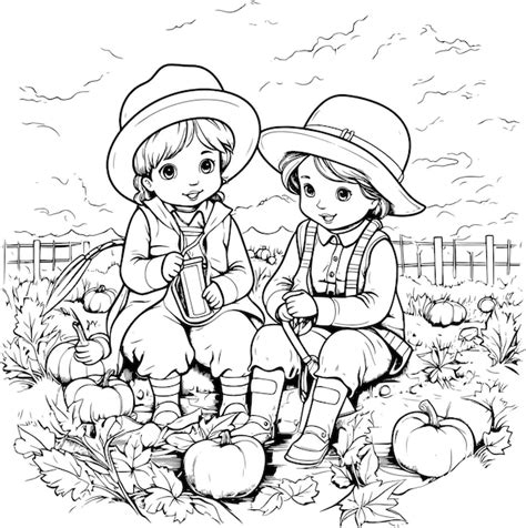 A Drawing Of Two Children Sitting In A Garden With Pumpkins Premium