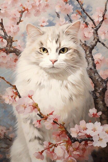 Pintura De Un Gato Blanco Sentado En Un Rbol Con Flores Rosas Ai