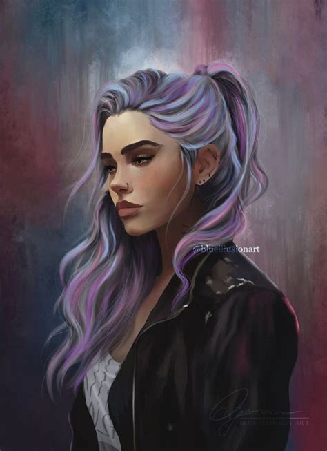 A Digital Painting Of A Woman With Purple Hair