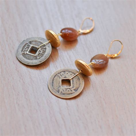 Chinese Coin Earrings With Sunstone Coin Earrings Jewelry Art Funky