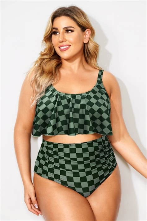 Green Plaid Sexy Scoop Neck Bikini Top Meet Curve Meet Curve