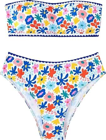 Amazon Shenhe Women S Strapless Floral Swimsuit Lace Up High Waisted Piece Bandeau Bikini