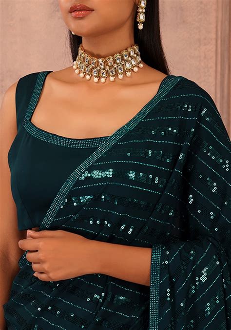 Buy Women Teal Blue Tonal Sequin Embroidered Saree Set With Stitched