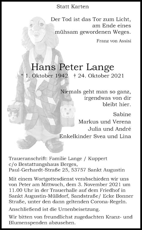 Traueranzeigen Von Hans Peter Lange WirTrauern