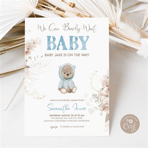 Editable Boho Blue Teddy Bear Baby Shower Invitation Set Bohemian