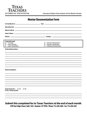 Fillable Online Mentor Documentation Form Texas Teachers Fax Email