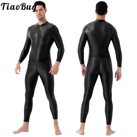 Mens One Piece Black Shimmery Smooth Lingerie High Neck Long Sleeves Ankle Length Double Ended