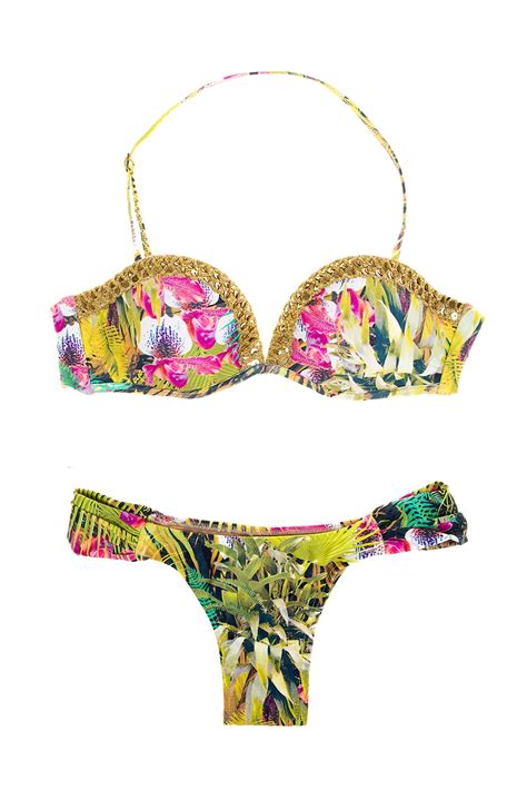 Bikini Br Silien Vert Imprim Tropical Et Bandeau Sequins Dor S Brilho Folhagem