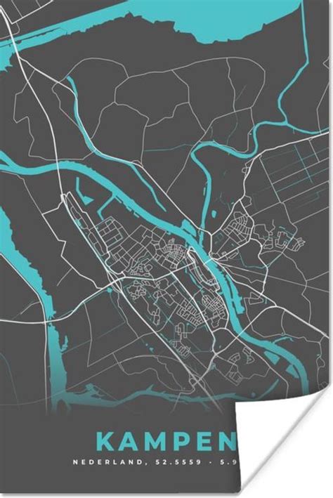 Poster Plattegrond Kampen Grijs Blauw X Cm Xxl Bol