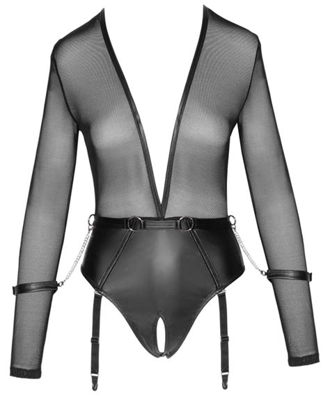 Cottelli Lingerie Bondage Black Crotchless Suspender Bodysuit