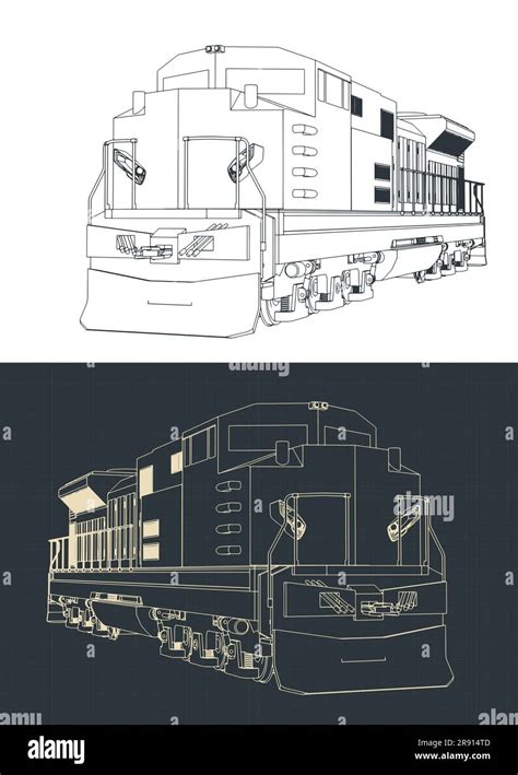 Stylized vector illustrations of drawings of diesel locomotive Stock ...