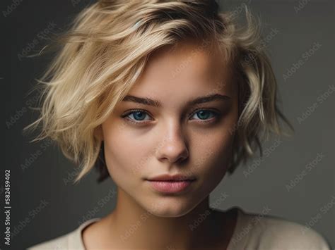 Beautifull Blonde Girl Model With A Short Curly Bob And An Intense Look Standing In A