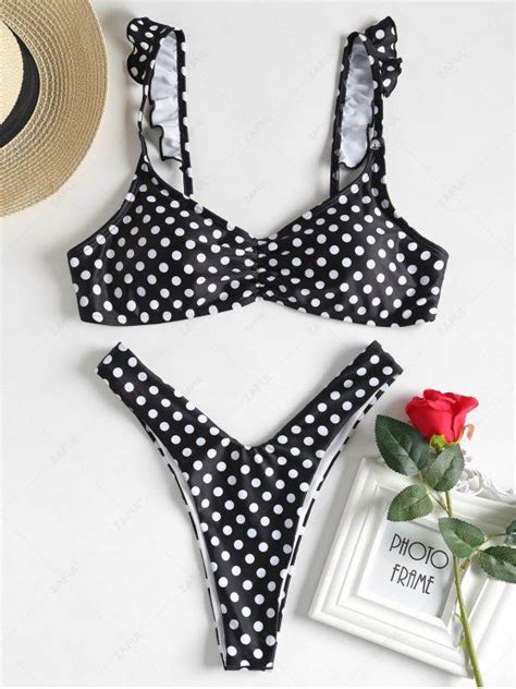 15 OFF 2021 Ruffles Polka Dot Thong Bikini Set In BLACK ZAFUL