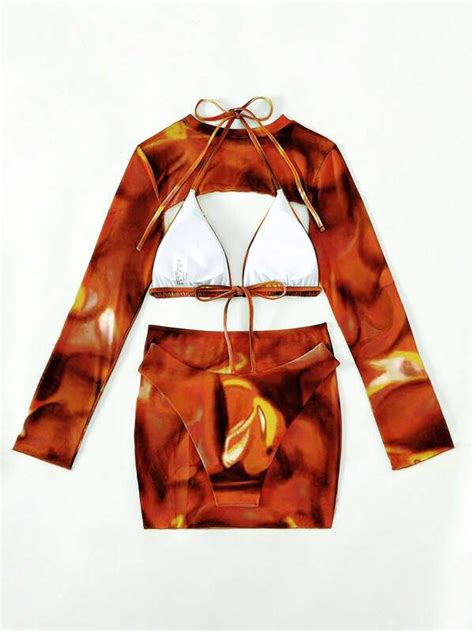 Shein Swim Y Glam Tie Dye Halter Triangle Bikini Swimsuit With Cover Up Set Shein Usa