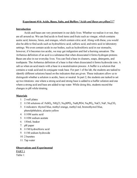 Chem Lab Report Experiment Acids Bases Salts And