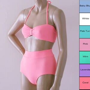 High Waisted Bikini Bottom And Retro Bandeau Bikini Top In Coral Lavender Mint Blue Pink