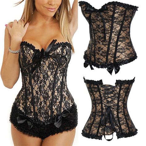 Women Lace Up Boned Bustier Corset Overbust Burlesque Top Lingerie Waist Cincher EBay