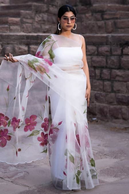 Buy White Silk Organza Hand Painted Floral Creeper Saree For Women By