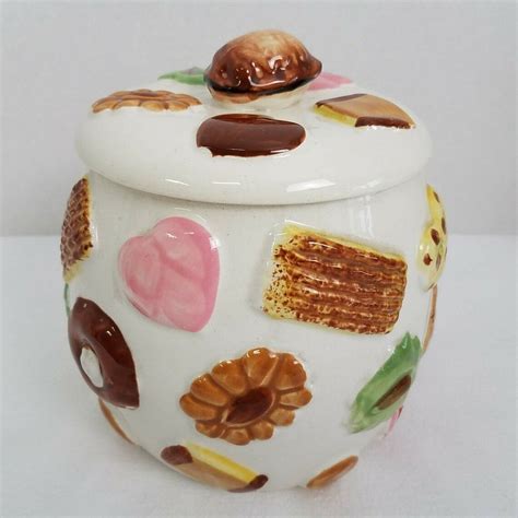 Napco Cookies All Over Walnut Handle Cookie Jar Mcm Vintage Etsy