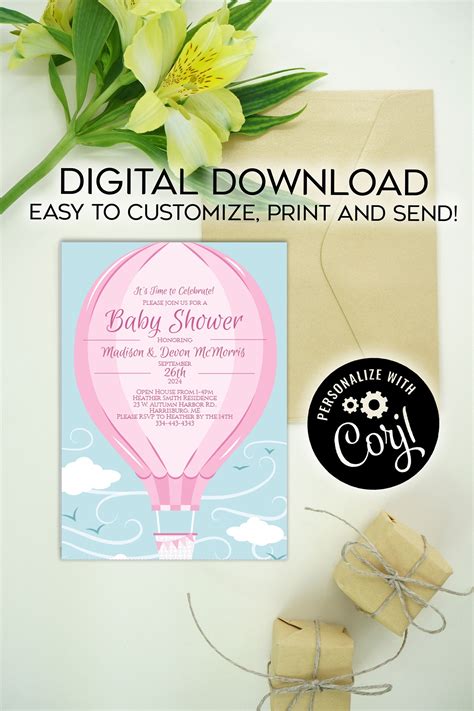 Pink Hot Air Balloon Baby Shower Invitation Editable Digital Etsy