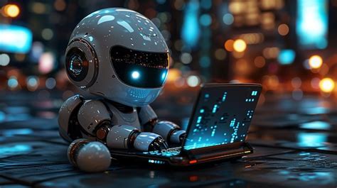 Premium Photo Cartoon Of A Oneeyed Robot Using A Laptop Wearing