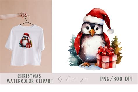 Cute Christmas Watercolor Penguin Clipart Sublimation