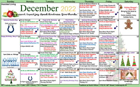 December 2022 Calendar Assisted Living Traditions At North Willow