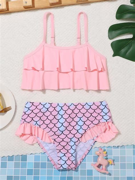 Tween Girl Fish Scale Print Ruffle Trim Bikini Set Summer Beach SHEIN UK